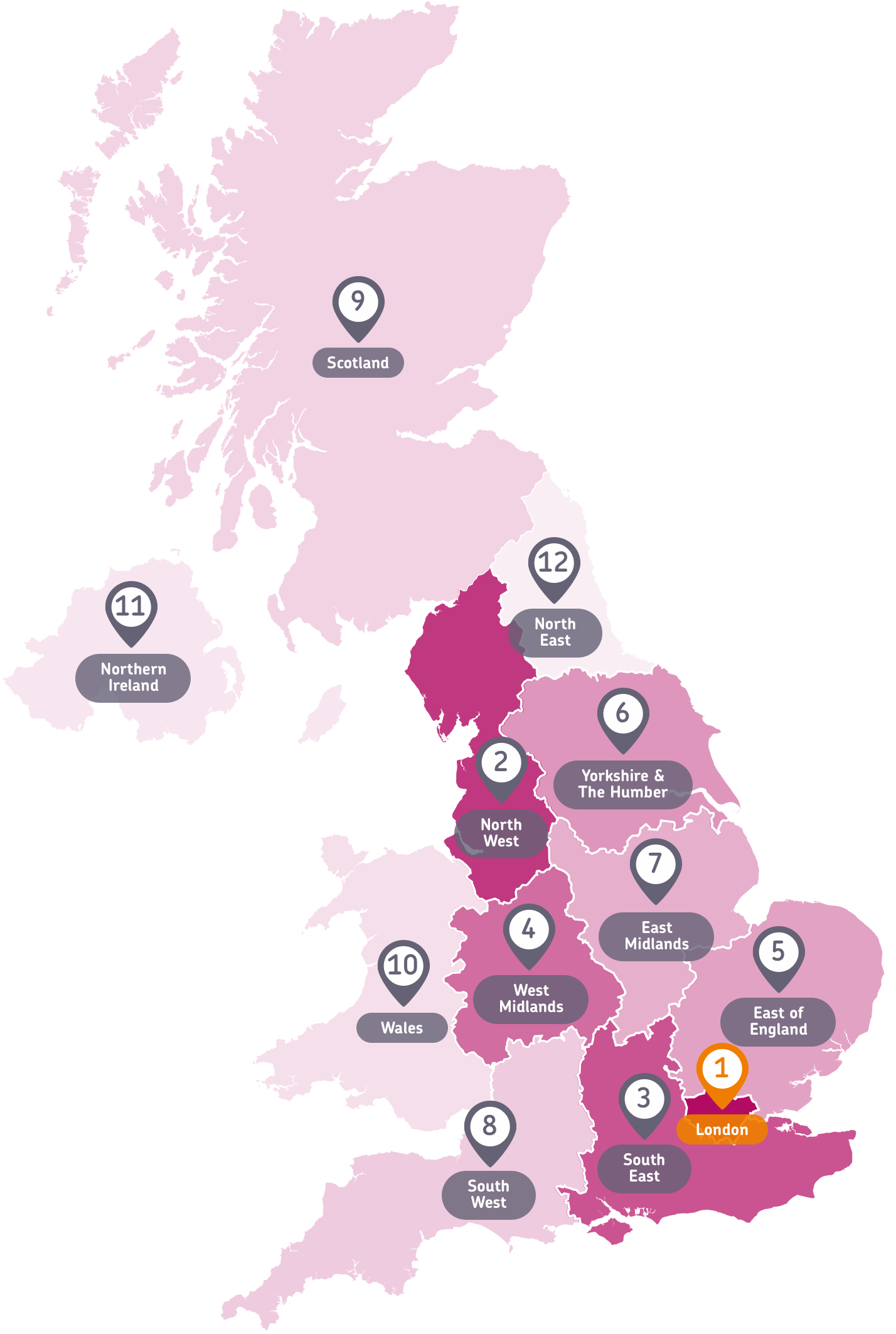 Map of the UK showing the share of total consumer spending belonging to each region in 2022